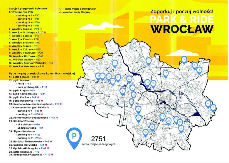 Lokalizacje 29 parkingów P&R we Wrocławiu.