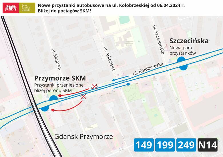 Zmiany dotyczące przystanków na ul. Kołobrzeskiej realizowane są na wniosek Zarządu Transportu Miejskiego w Gdańsku.