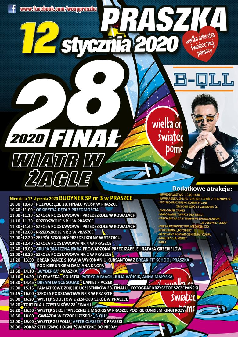 Plakat finału WOŚP 2020 w Praszce.
