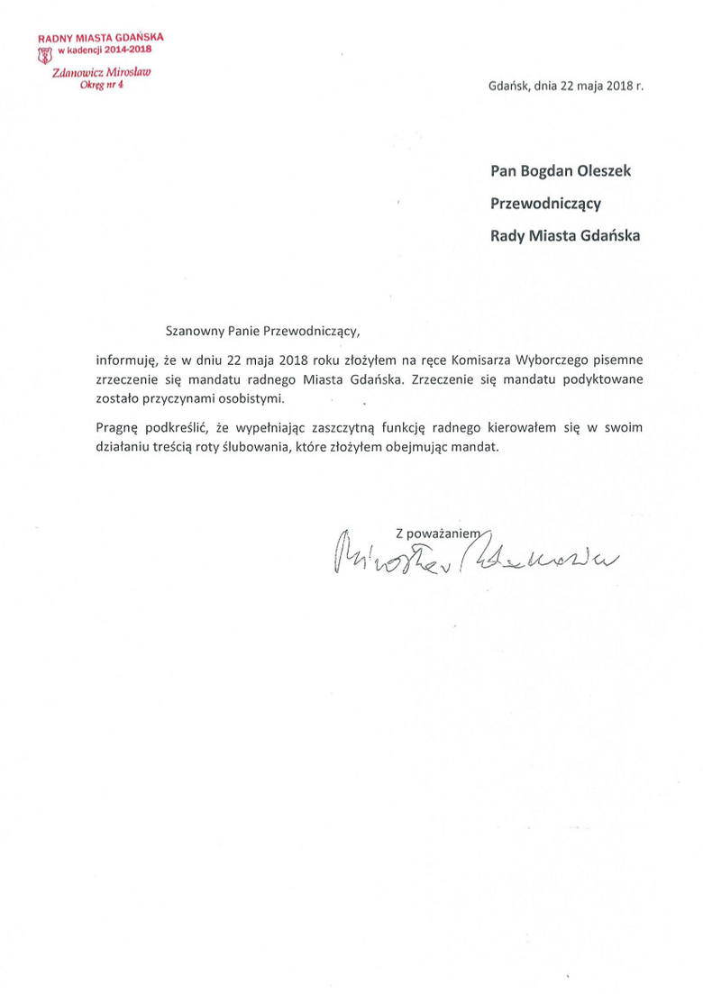 Mirosław Zdanowicz zrzekł się mandatu radnego miasta Gdańska, potem to odwołał. Ostatecznie jednak złoży mandat [zdjęcia oświadczeń]