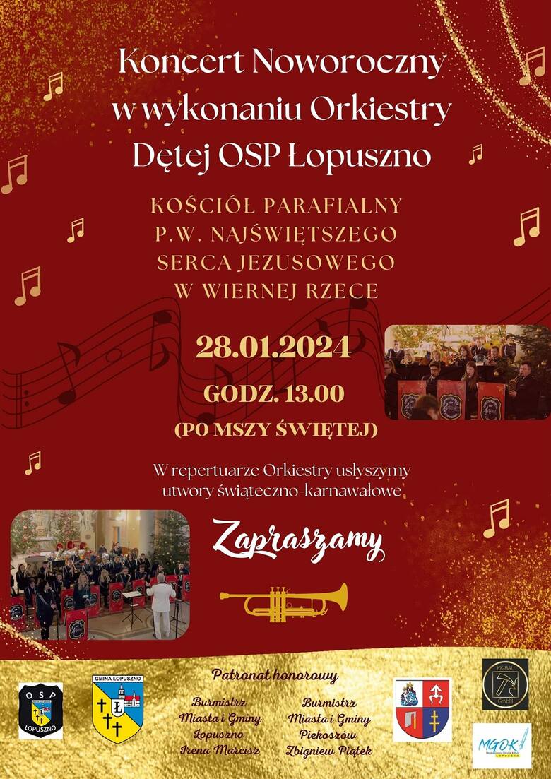 Koncert noworoczny w wykonaniu orkiestry dętej Ochotniczej Straży Pożarnej Łopuszno. Już w niedzielę w Wiernej Rzece