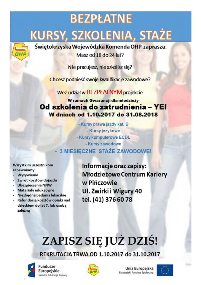 Młodzieżowe Centrum Kariery w Pińczowie zaprasza na staże i kursy zawodowe