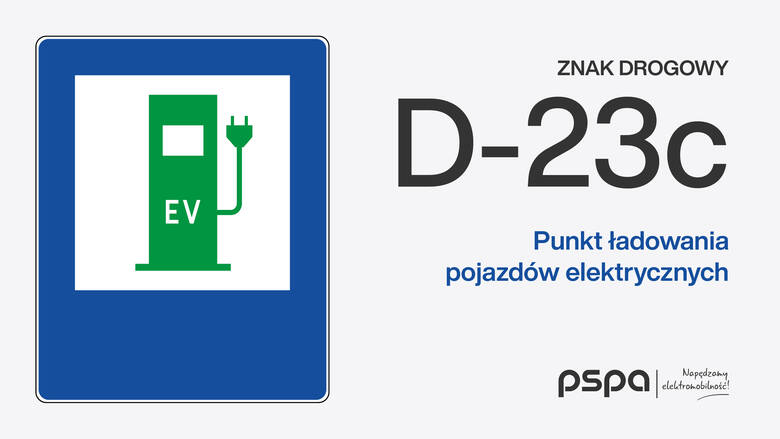 Znaki drogowe wskazujące stację paliw z punktem ładowania pojazdów elektrycznych lub punkt ładowania pojazdów elektrycznych, zaproponowane przez Polskie
