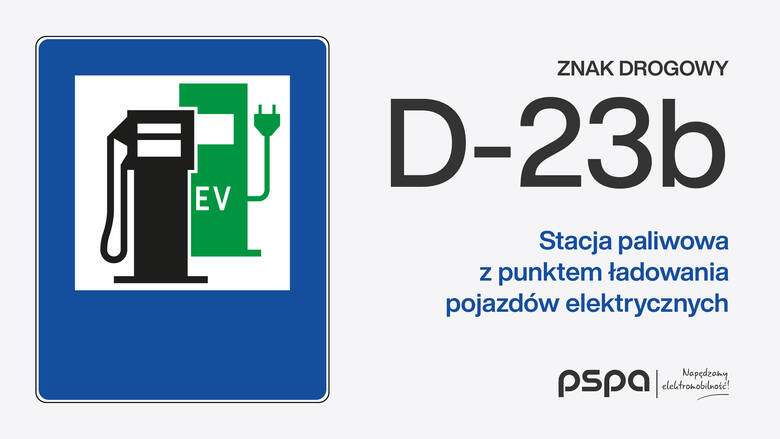 Znaki drogowe wskazujące stację paliw z punktem ładowania pojazdów elektrycznych lub punkt ładowania pojazdów elektrycznych, zaproponowane przez Polskie