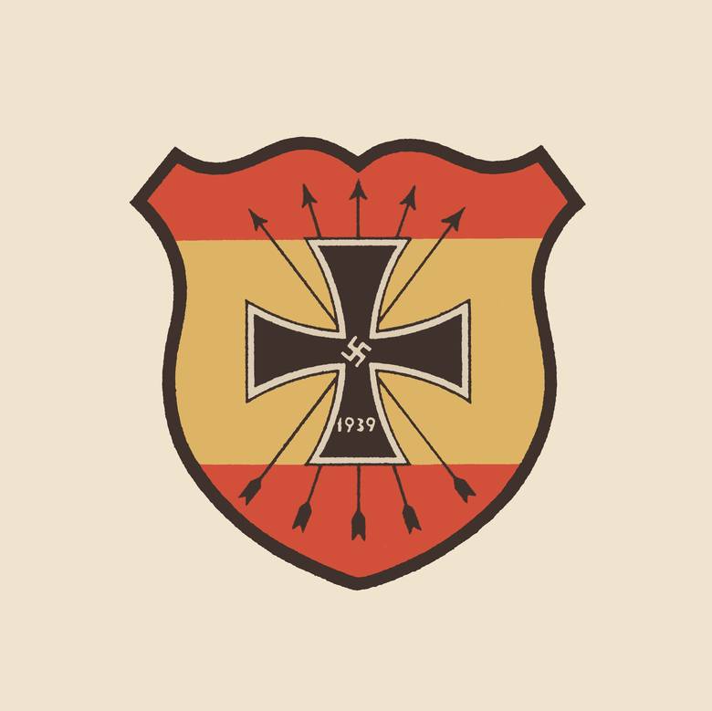 Emblemat Błekitnej Dywizji z Żelaznym Krzyżem i herbem Falangi
