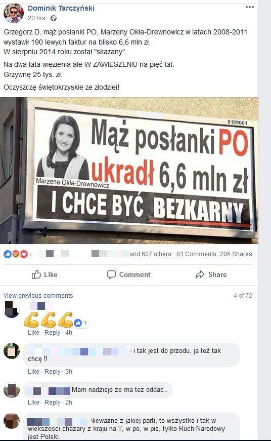 Facebook kontra Twitter, czyli Dominik Tarczyński z PiS kontra Marzena Okła-Drewnowicz z PO. Poseł zarzuca kradzież mężowi posłanki