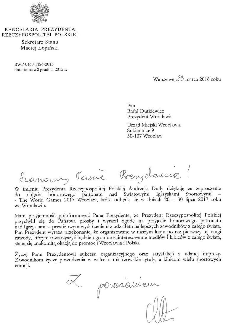 Prezydent Andrzej Duda będzie patronował igrzyskom World Games we Wrocławiu