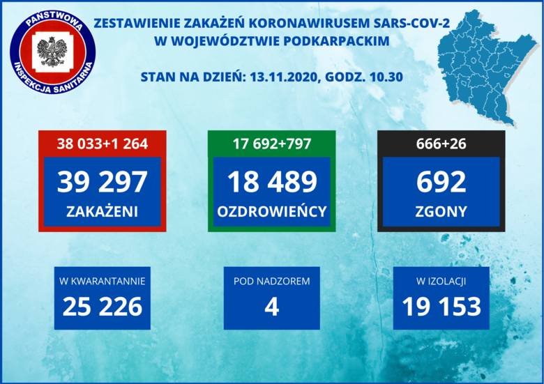 Koronawirus. Nie żyje 26 chorych z Podkarpacia, 1264 zakażenia w regionie. W Polsce zmarło 419 osób [13 LISTOPADA]