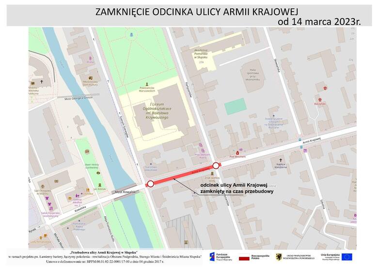 Ulica Armii Krajowej w Słupsku zamknięta