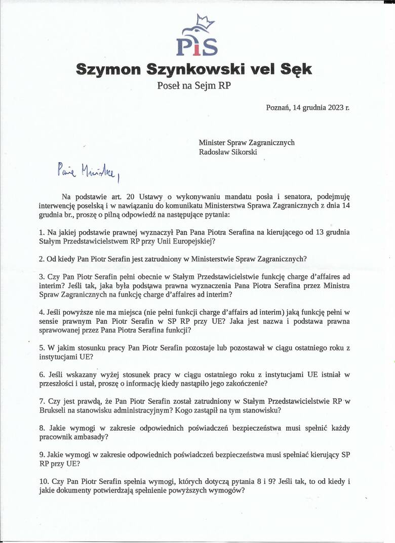 Pytania Szymona Szynkowskiego vel Sęka do MSZ