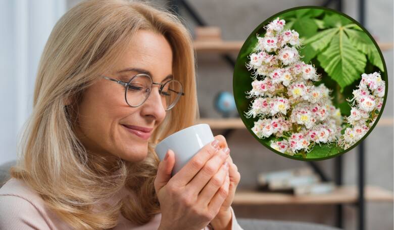 Kobieta pije herbatę z kubka; kwiaty kasztanowca