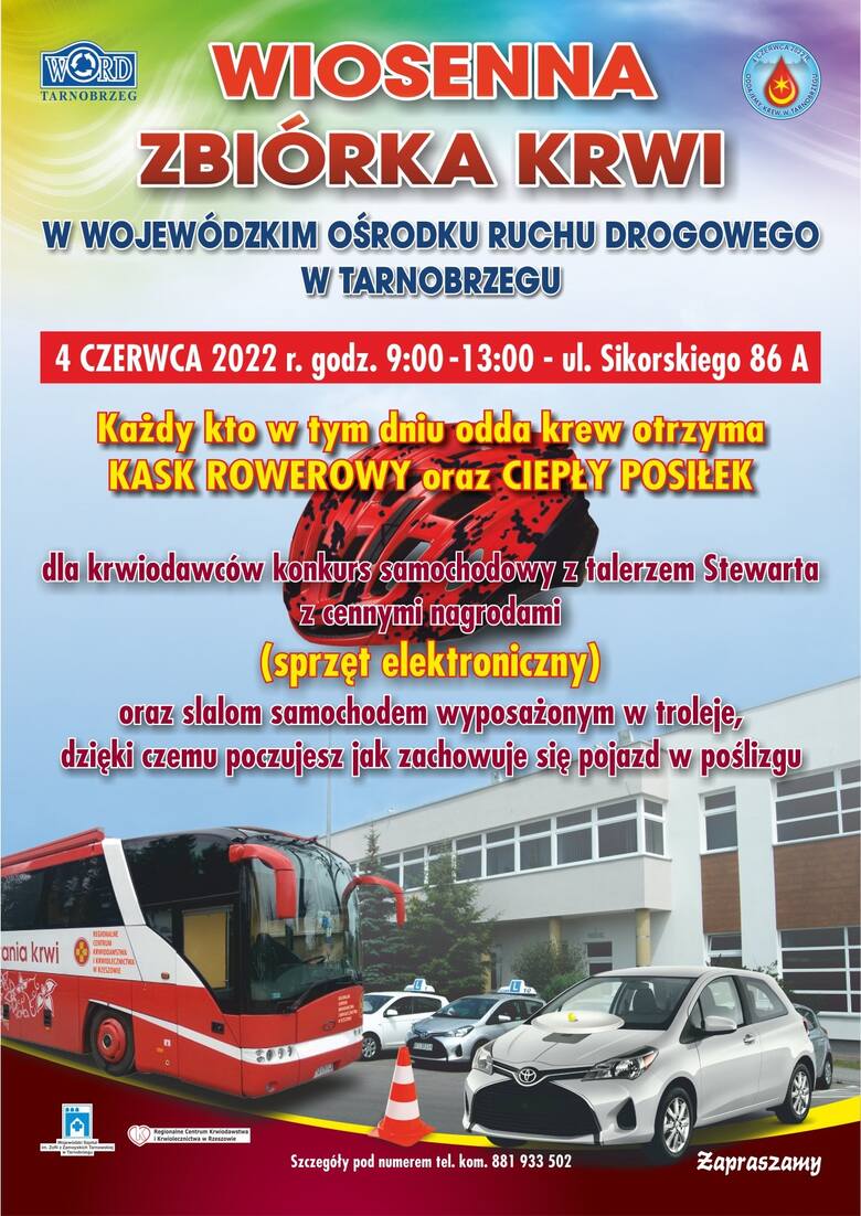 Wojewódzki Ośrodek Ruchu Drogowego w Tarnobrzegu zaprasza na wiosenną zbiórkę krwi. Dla każdego dawcy kask rowerowy i posiłek