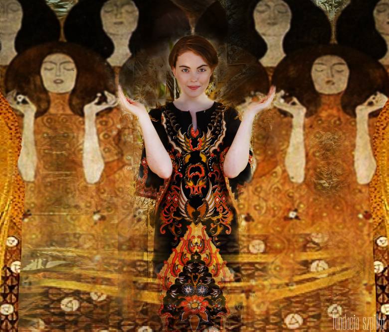 Krystyna Kobiałka w zdjęciu inspirowanym obrazem „Fryz Beethovena" Gustawa Klimta. 