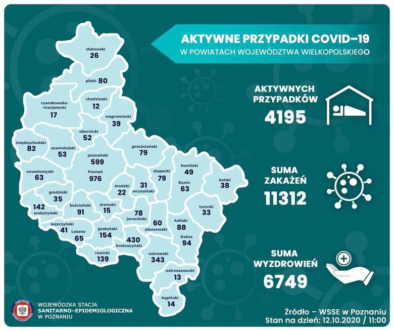 Mapa aktywnych przypadków COVID-19 w Wielkopolsce.