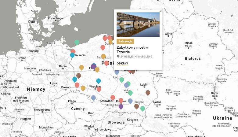 Pomorskie atrakcje turystyczne na interaktywnej mapie National Geographic. Wyróżniono zamek w Łapalicach i most w Tczewie