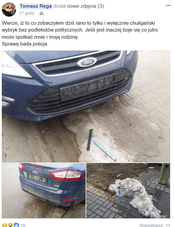 Ktoś ukradł tablice rejestracyjne z samochodu Tomasza Regi (PiS) z Bydgoszczy. Polityk obawia się o bezpieczeństwo swoje i rodziny
