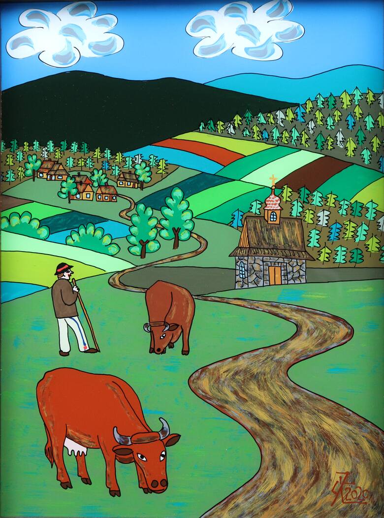 Obrazy na szkle malowane (przy krowach) Zdzisława Słoniny, artysty ludowego ze Świątnik Górnych 