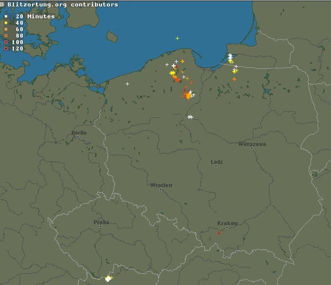 Wyładowania odnotowane o 12.50 w rejonie Kaszub i powiatu tucholskiego w Kujawsko-Pomorskiem a także w województwie warmińsko-mazurskim w pobliżu granicy