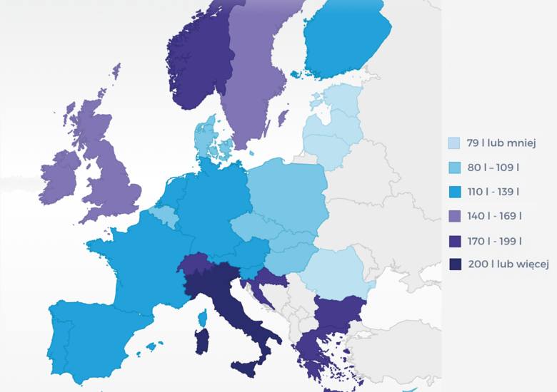 Dzienne zużycie wody pitnej w litrach na osobę w Europie. Źródło danych: Komisja Europejska