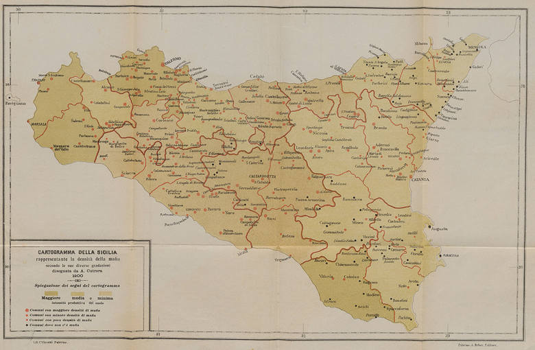 Mapa obecności mafii na Sycylii ok. 1900 r. Im ciemniejszy kolor, tym większe "stężenie" mafiosów. Czerwone kropki oznaczają mafijne