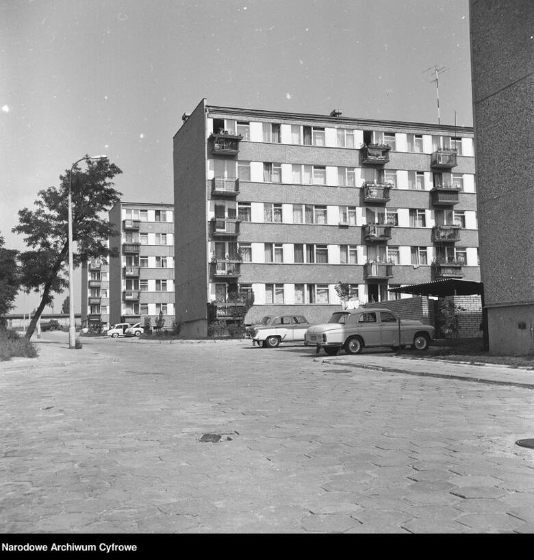Nowe osiedle mieszkaniowe "Piasta". Widoczne samochody - od prawej Warszawa 204, dalej Moskwicz 402, z lewej w tle Syrena 105 (1973/08)