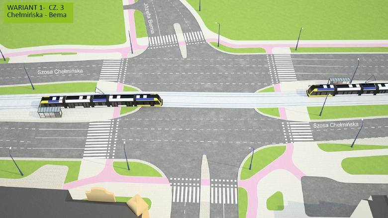 Wizualizacje przebiegu Trasy Staromostowej w ciągu Szosy Chełmińskiej, już po wybudowaniu linii tramwajowej (proponowane w toku konsultacji warianty)