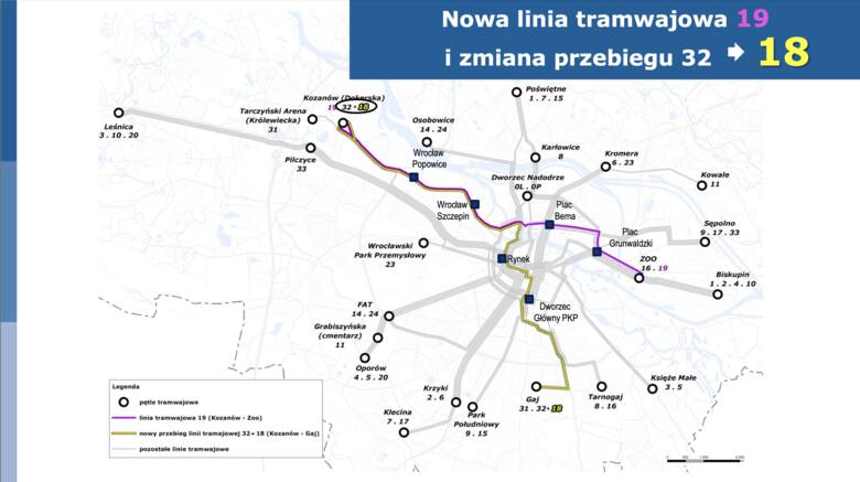 Mapa przedstawia trasę nowych linii tramwajowych: 18 oraz 19.