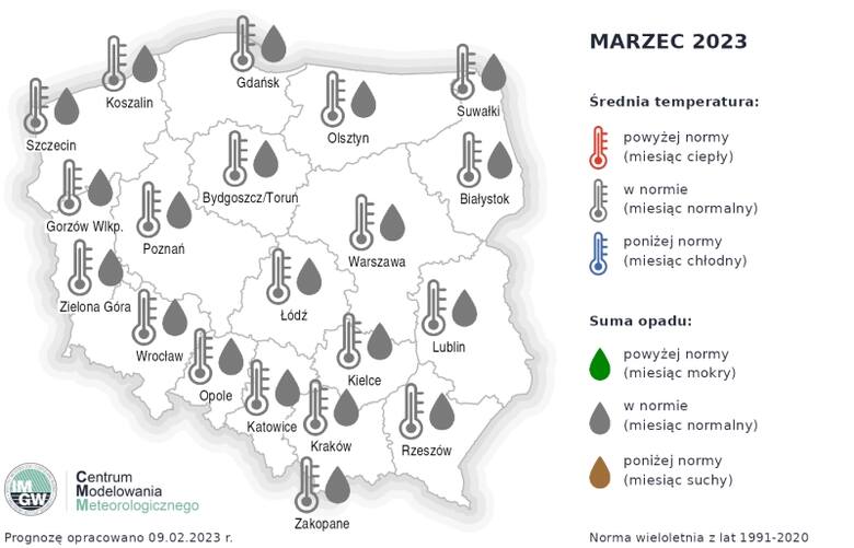 Według IMGW w marcu średnie temperatury oraz opady w całej Polsce pozostaną w normie