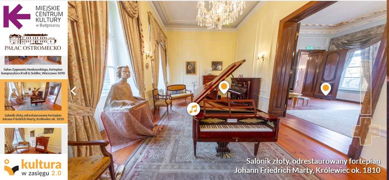 Podczas wirtualnego spaceru po Pałacu Starym można m.in. posłuchać brzmienia XIX-wiecznego fortepianu Marty’ego