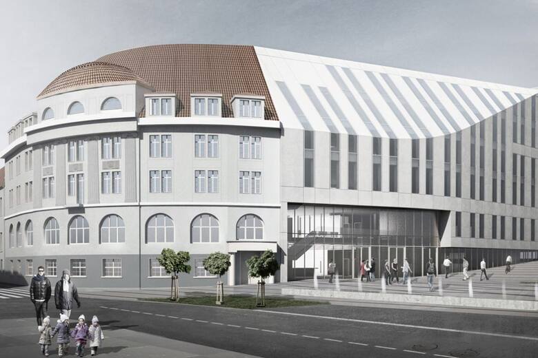 Tak prezentował się budynek urzędu miasta na zwycięskiej pracy w konkursie architektonicznym, którego wyniki poznaliśmy w kwietniu 2016.