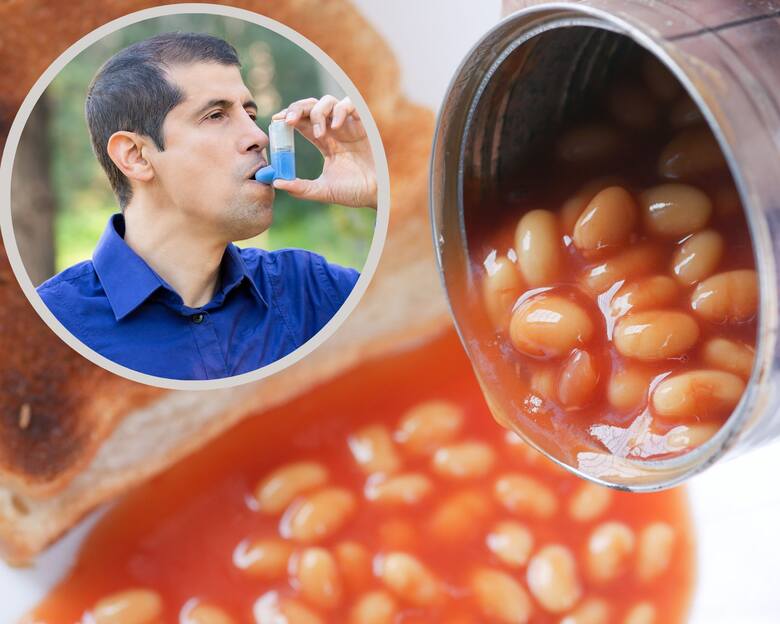 Puszka z fasolą w pomidorach i mężczyzna z inhalatorem na astmę