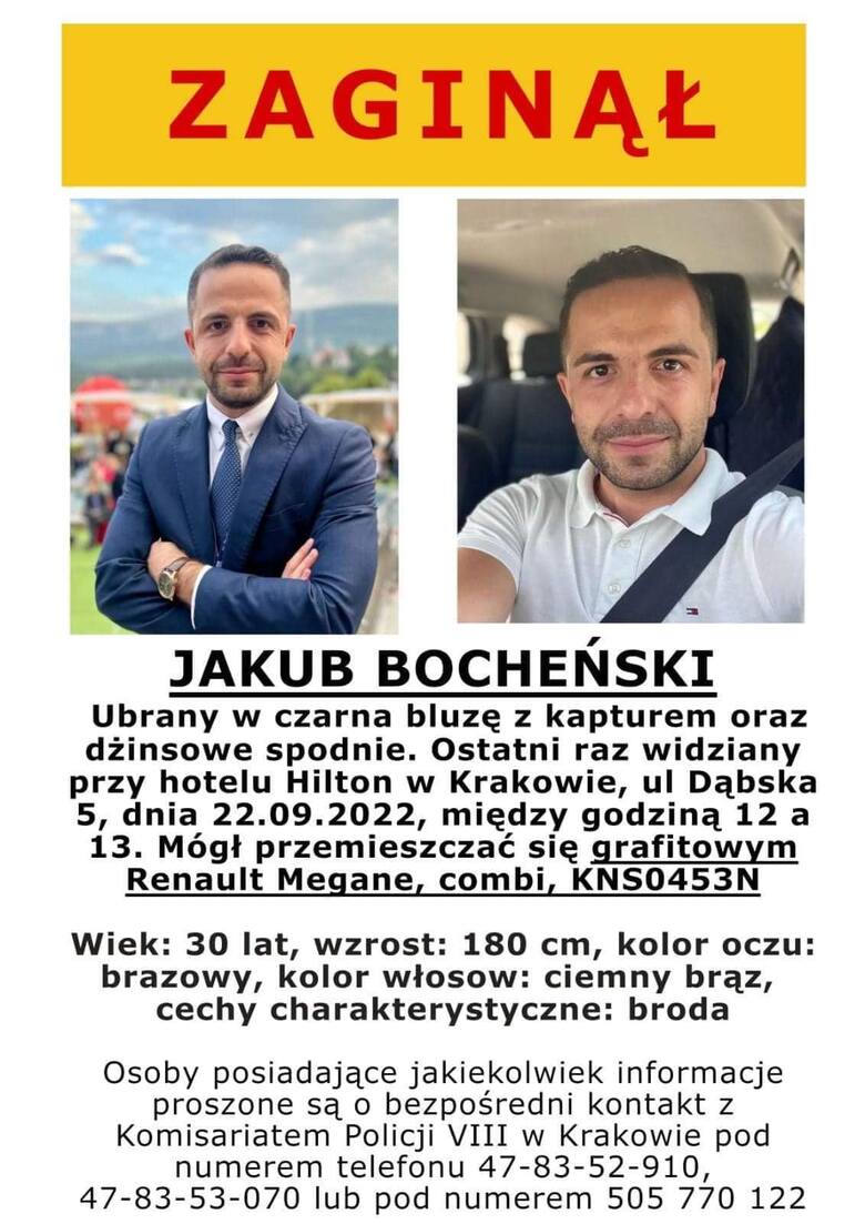 Kraków. Gdzie jest Jakub Bocheński? Policja wciąż szuka zaginionego polityka Lewicy z Nowego Sącza