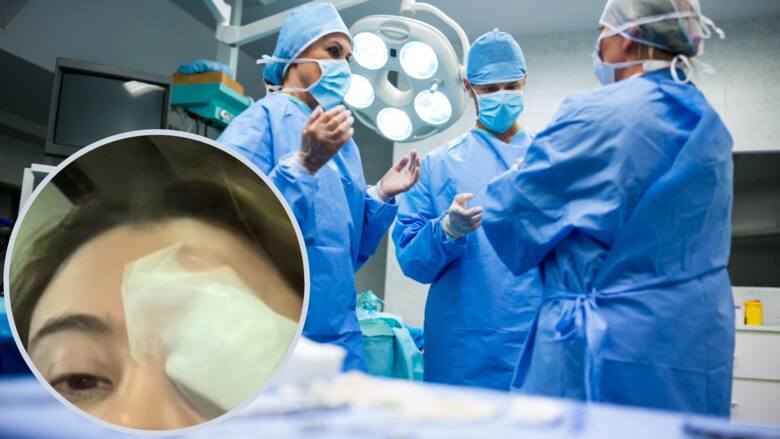 Lekarze konsultują się przed operacją, kobieta z bandażem na oku