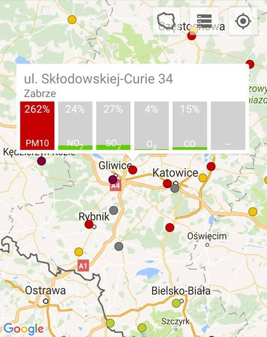 Zabrze 262 proc. pył zawieszony 262 PM10<br /> <br /> Smog w Żywcu, Tychach i Gliwicach. To właśnie w tych miastach w czwartek rano mamy najwięcej zanieczyszczeń w powietrzu. Przekroczenia norm występują w większości województwa śląskiego. Jak podają niezależne aplikacje monitorujące jakość...