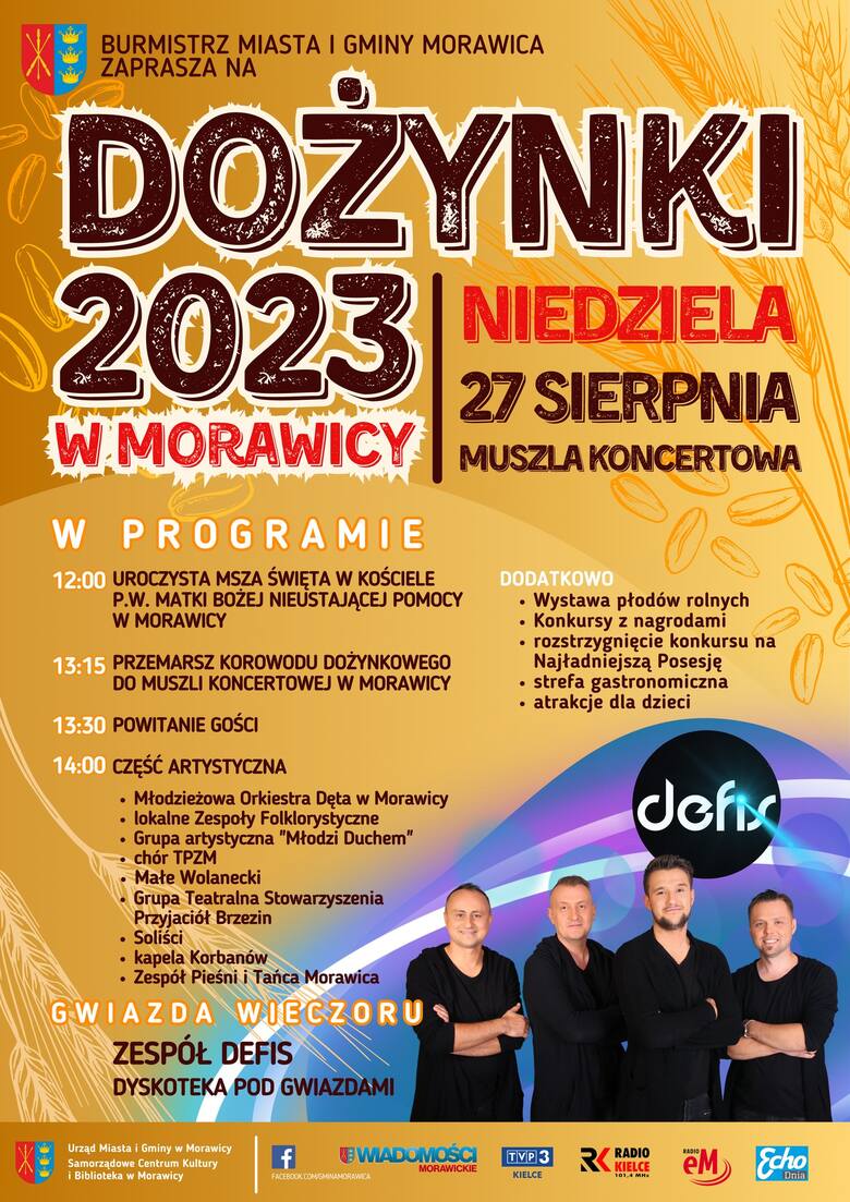 Dożynki miasta i gminy Morawica 2023. Gwiazdą wieczoru będzie zespół Defis. Zobacz program wydarzenia