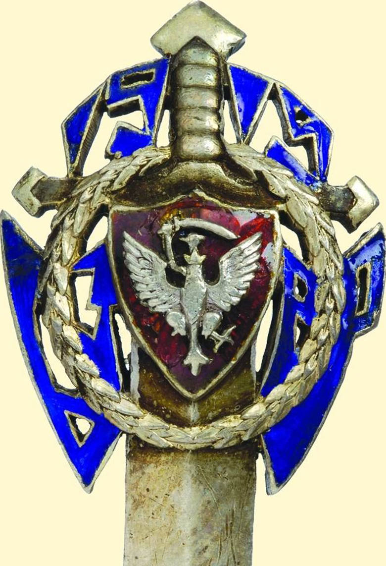 Odznaka w kształcie miecza, z czerwoną tarczą i orłem na głowni 