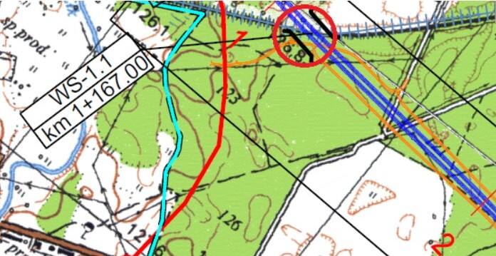 W czerwonym kółku zaznaczono lokalizację najdłuższego obiektu mostowego na odcinku Ełk Południe-Wysokie