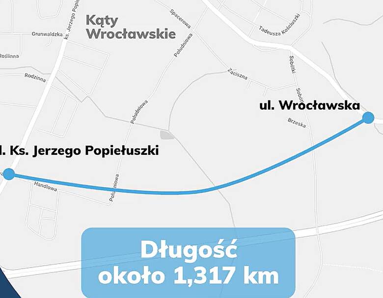 Przebieg planowanej obwodnicy Kątów Wrocławskich, która połączy drogę 347 Kąty Wrocławskie - Wrocław, z ulicą Popiełuszki prowadzącą z Kątów do węzła
