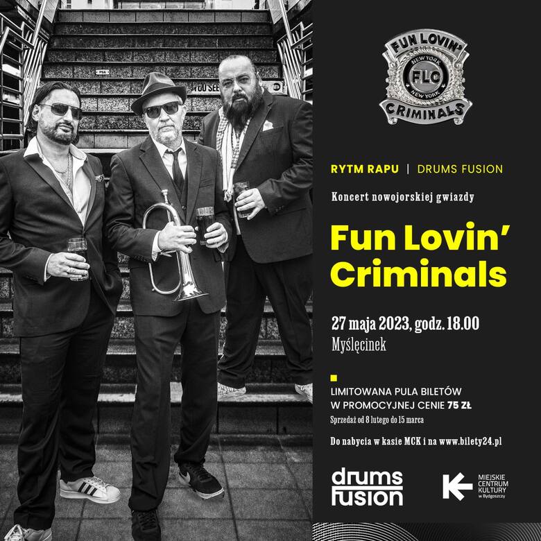 Nowojorskie trio Fun Lovin’ Criminals zagra na otwarcie Drums Fusion 2023 w bydgoskim Myślęcinku!