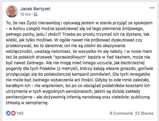 Taki post prof. Bartyzel zamieścił w mediach społecznościowych. Po ostrej krytyce, usunął jego treść.Prof. Jacek Bartyzel propaguje treści antysemickie