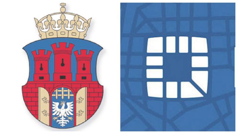 Z lewej strony herb Krakowa. Z prawej nowe logo Krakowa.