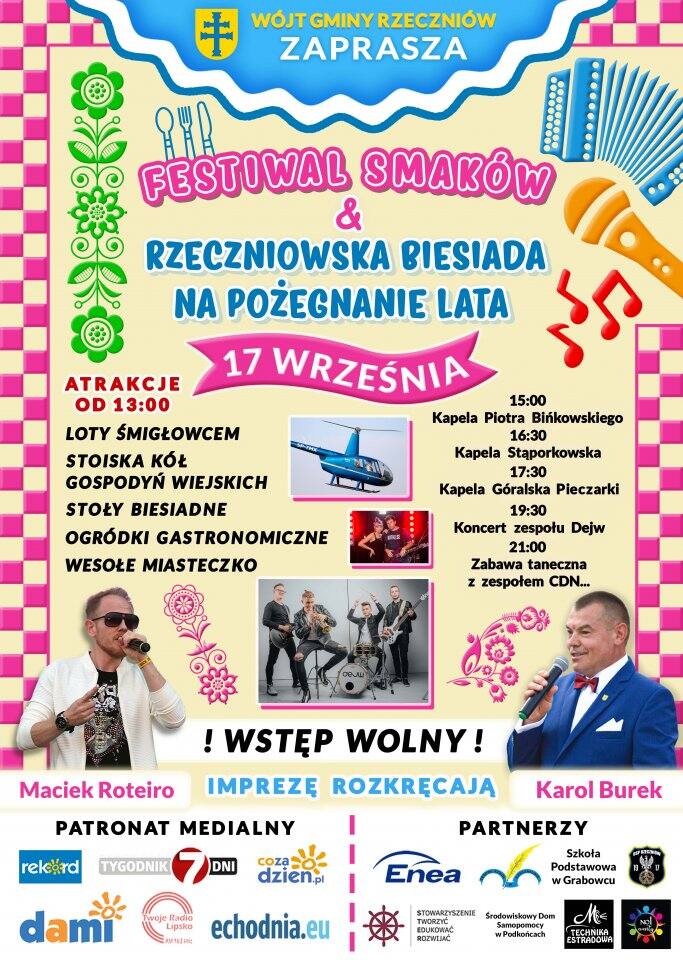 Festiwal Smaków w Rzeczniowie. Będzie mnóstwo atrakcji, w tym loty śmigłowcem, kuchnia regionalna i koncerty. Gwiazdą zespół Dejw