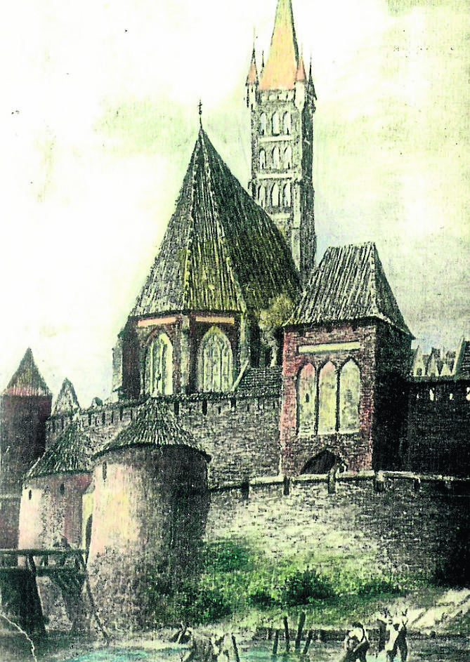 Widok kościoła farnego od wschodu w XVII wieku. Rysunek rekonstrukcyjny K.T. Prausmuellera