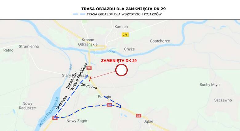 Na czas zamknięcia odcinka DK29 na trasie Zielona Góra-Krosno Odrzańskie zostanie wyznaczony objazd.