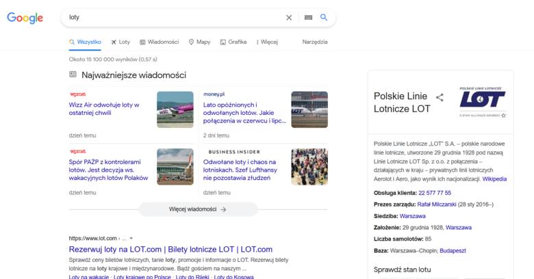 Aby przejść do Google Fligsts wystarczy w wyszukiwarkę wpisać "Loty" i kliknąć w opcję, która się pojawiła.