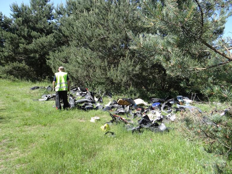 Śmieci pełno w lasach wokół Skierniewic. Grzybiarz znalazł stos odpadów z warsztatu samochodowego  