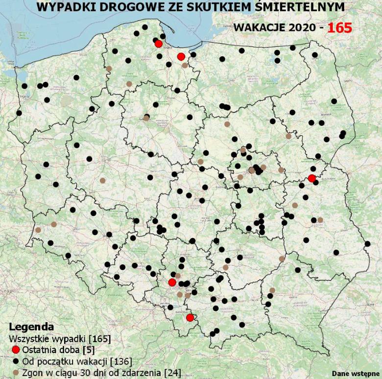 Wypadki w Polsce. Ile osób zginęło od początku wakacji 2020? [mapa]