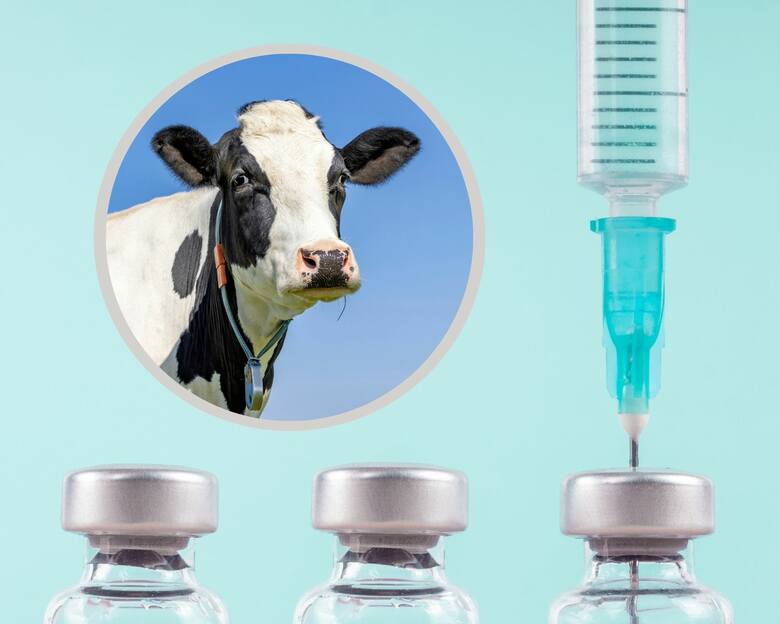Fiolki i strzykawka z insuliną oraz trangeniczna krowa 
