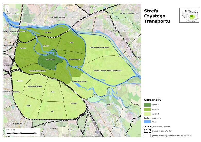 Mapa prezentująca zaproponowane przez urząd miasta warianty Strefy Czystego Transportu.