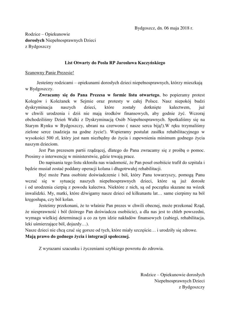 Treść listu otwartego do Jarosława Kaczyńskiego